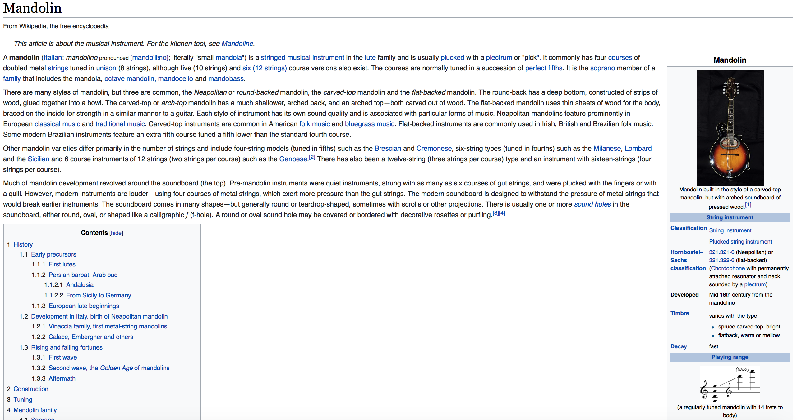 Wikipedia page of mandolin instrument with the info-box.